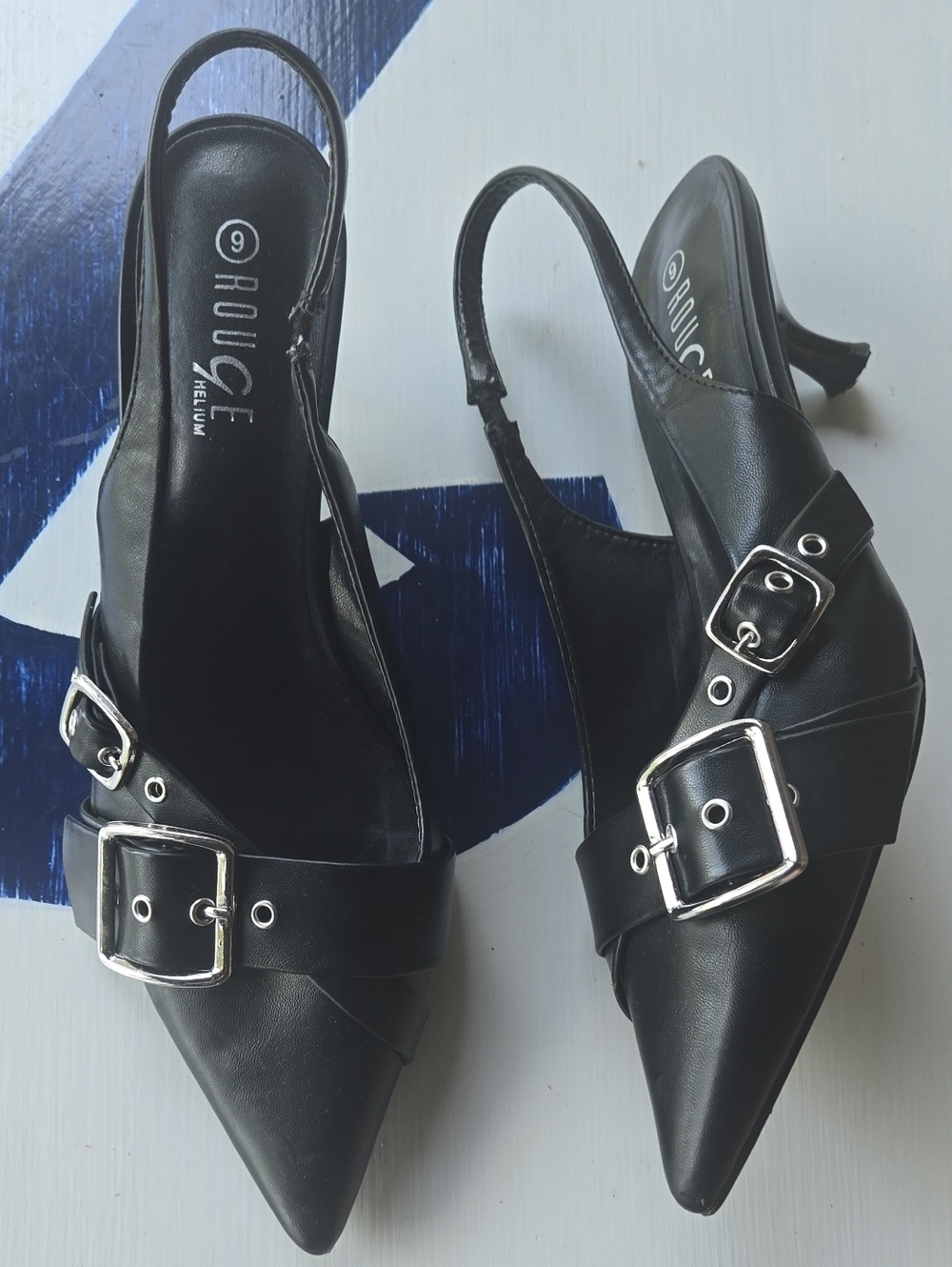 Rogue Vegan Black Pointy Toe Kitten Heel With Silver Buckle Accent Size US 9